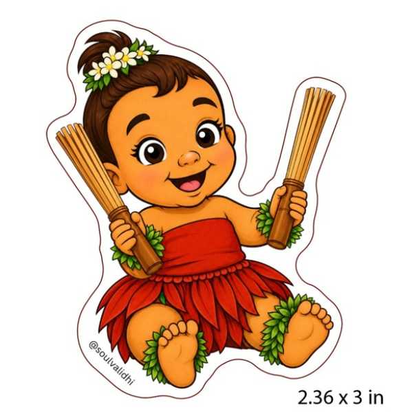 Kini Baby Vinyl Sticker Hula Baby with Pūʻili Sticks